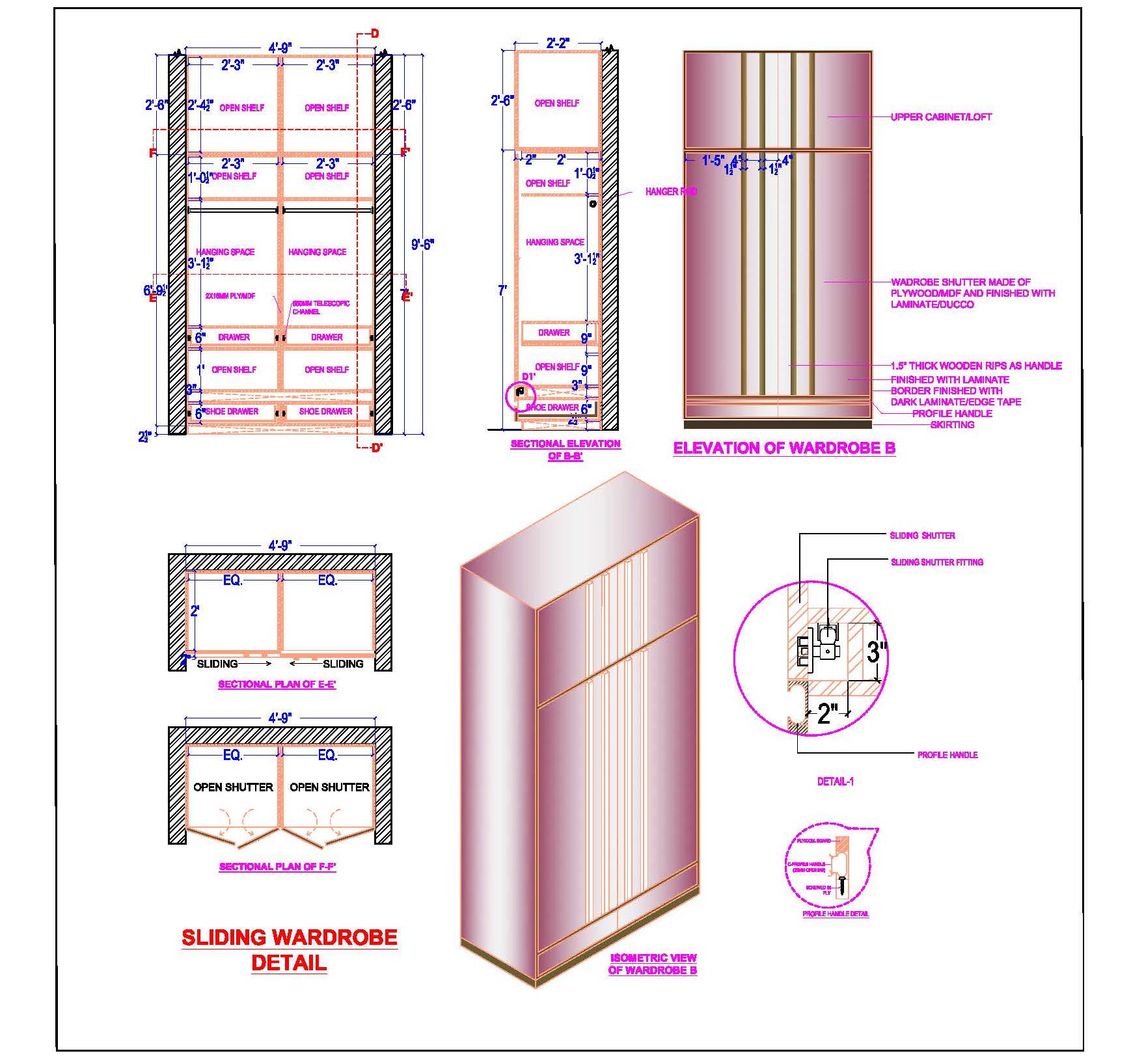 Detailed Sliding Wardrobe CAD Drawing (5' Length)